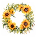 watercolor floral circle frame of sunflowers on white background Royalty Free Stock Photo