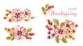 Watercolor floral collection. Autumn bouquets and Thanksgiving greeting text. Wild flowers: rose hip, briar, leaves