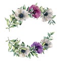 Watercolor floral composition with colorful anemone. Hand painted white, violet, pink flowers and leaves isolated on