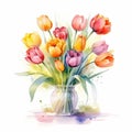 Colorful Watercolor Tulip Bouquet Illustration In Vase Royalty Free Stock Photo