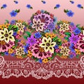 Watercolor floral composition on openwork background.