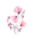 Watercolor floral composition. Transparent sweet pea bouquet with rose and berries. Artwork isolated on white. Botanical