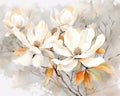 The watercolor floral digital art wall decor has golden orange and gray flowers.