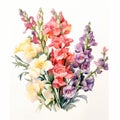 Detailed Watercolor Snapdragon Bouquet In Naturalistic Botanical Art Style