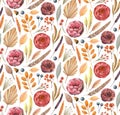 Watercolor floral fall pattern. Botanical rustic autumn background