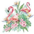 Watercolor floral flower and flamingo illustration. Bouquet with tropical green leaves and flowers for wedding stationary Royalty Free Stock Photo