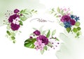 Watercolor floral frame and arrangements elements of purple roses