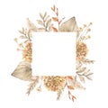 Watercolor floral frame with dry leaves, flowers and leaves. Dry tropical square card. Beige, Ivory, Orange - modern colors.