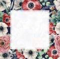 Watercolor floral frame with exotic flowers. Hand painted anemones, ranunculus, berries, lavender on dark blue Royalty Free Stock Photo