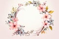 A watercolor floral frame featuring two symmetrical wreaths made of lively multicolored flowers and leaves, forming a mirror image Royalty Free Stock Photo