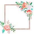 Watercolor floral frame with golden bronze border - flower illustration for wedding, anniversary, birthday, invitations, romantic