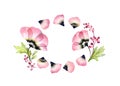 Watercolor floral frame. Horizontal banner template with place for text. Transparent tulip flowers and flying petals in