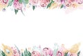 Watercolor floral frame with pink protea and gold shapes. Greeting, banner design decoration