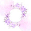 Watercolor floral frame elegant vector image with golden round frame and gently purple flowers.