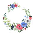 Watercolor floral frame with red, white and blue flowers. Anemone floral wreath Royalty Free Stock Photo