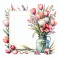 Watercolor floral frame with tulips in vase isolated on white background with copy space. Watercolor illustration. Royalty Free Stock Photo