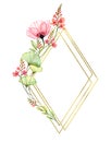 Watercolor floral frame. Vertical golden glitter rhomb. Vibrant spring flowers and place for text. Hand painted spring