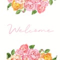 Watercolor floral frame for wedding invitations and cards with blush pink and orange roses and green leaves, isolated. Flowers