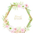 Watercolor floral frame with wooden hexagon. Hand drawn geometric flower arrangement with greenery and flowers isolated