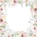 Watercolor floral frame wreath with gold orchid, cherry blossom, cotton head, palm leaves, beige and rose color, white