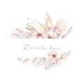 Watercolor floral frame wreath with gold orchid, cherry blossom, cotton head, palm leaves, beige and rose color, white Royalty Free Stock Photo