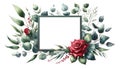 watercolor floral frames a red rose with green eucalyptus leave