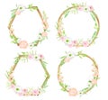 Watercolor floral frames set. Hand drawn geometric round and hexagon arrangement with greenery and flowers isolated on