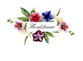 Watercolor floral garland frame from petunia and mallow blooming flowers on white background