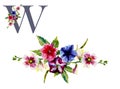 Watercolor floral garland from petunia and mallow blooming flowers on white background