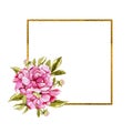 Watercolor floral gold frame made of pink peonies. Floral decor, bride wreath