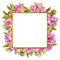 Watercolor floral gold frame made of pink peonies. Floral decor, bride wreath