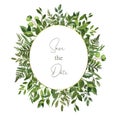 Watercolor lush greenery and leaves floral frame for design. Green leaf, herbs, plants and golden border template for wedding Royalty Free Stock Photo