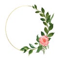 Watercolor floral greenery wreath with hand painted green leaves ,wild herbs and pink rose. Round golden frame and forest plants Royalty Free Stock Photo