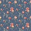 Watercolor floral hand drawn seamless pattern with delicate illustration of blossom scarlet poppies, yellow wildflowers Royalty Free Stock Photo