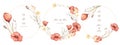 Watercolor floral hand drawn wreaths with delicate illustration of blossom scarlet poppies, yellow wildflowers, herbs