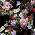 Watercolor delicate bouquet. Hand painted flowers seamless pattern on a black background.