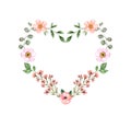 Watercolor floral heart frame with pastel pink wildflowers and greenery. Valentines wreath