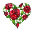 Watercolor floral heart shape, with red roses flowers and green leafs.