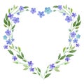 Watercolor floral heart wreath with blue flowers and leaves. Hand drawn illustration for greeting Royalty Free Stock Photo