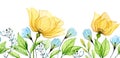 Watercolor floral horizontal seamless border with yellow rose and blue snowdrops. Abstract banner with Ukrainian flowers