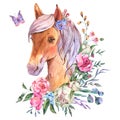 Watercolor floral horse illustration isolated on white background. Animal kids natural collection Royalty Free Stock Photo