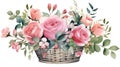 Watercolor Floral Illustration: Basket with Leaves and Bouquets for Wedding Stationery AI Generated