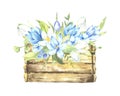 Watercolor floral illustration - basket with leaves and branches bouquets with blue flowers and leaves for wedding