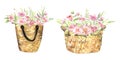 Watercolor floral illustration - basket with leaves and branches bouquets with pink flowers and leaves for wedding