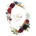 Watercolor floral illustration - burgundy flowers wreath / frame with gold geometric shape Royalty Free Stock Photo