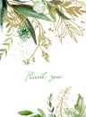 Watercolor floral illustration with gold branches - leaf frame / border, for wedding stationary, greetings, wallpapers, fashion, Royalty Free Stock Photo