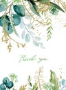 Watercolor floral illustration with gold branches - leaf frame / border, for wedding stationary, greetings, wallpapers, fashion, Royalty Free Stock Photo