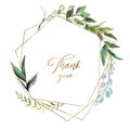 Watercolor floral illustration - leaf wreath / frame with gold geometric shape Royalty Free Stock Photo