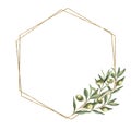 Watercolor floral illustration - olive leaf wreath,frame with gold geometric shape, for wedding stationary, greetings, wallpapers Royalty Free Stock Photo