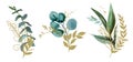 Watercolor floral illustration set - green & gold leaf branches, for wedding stationary, greetings, wallpapers, fashion,